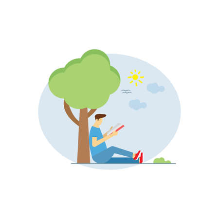 A boy sitting under a tree and reading a book.のイラスト素材