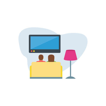 A couple is sitting on a couch and watching tv.のイラスト素材
