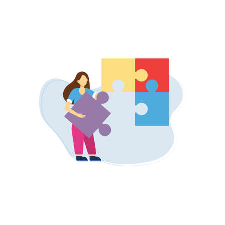 A girl standing with a piece of puzzle.のイラスト素材
