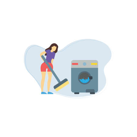 The girl  is cleaning the floor with a broom and washing the clothes.のイラスト素材