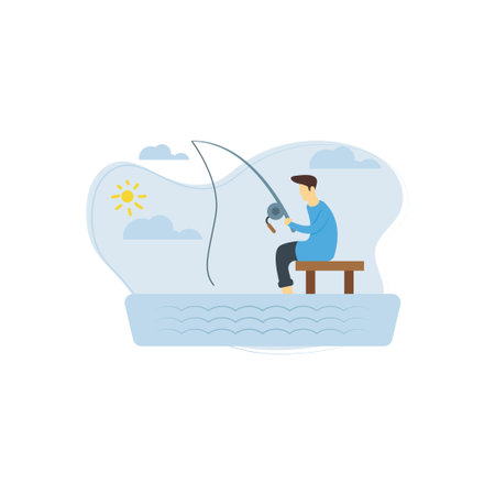 The boy sitting on a bench wiith a fishing rod.のイラスト素材