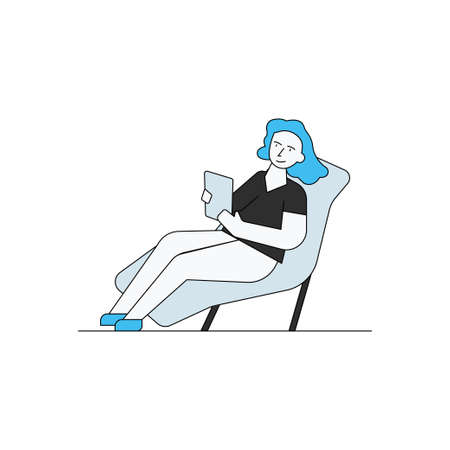 The girl is using her tablet on the sofa.のイラスト素材