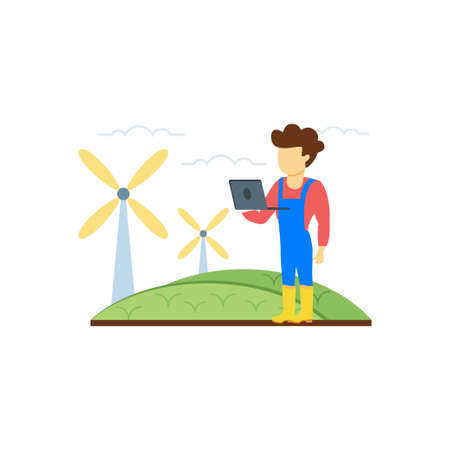 The boy is standing in farm with his laptop.のイラスト素材