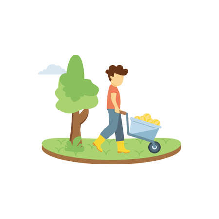 The boy is carrying the fruit cart.のイラスト素材