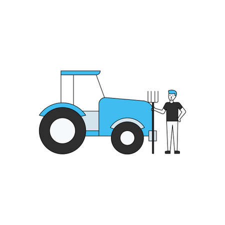 The boy is standing by the tractor with a pitch fork.のイラスト素材