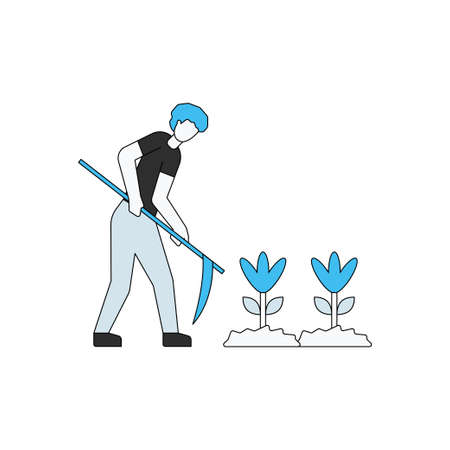 The boy is digging in the field.のイラスト素材