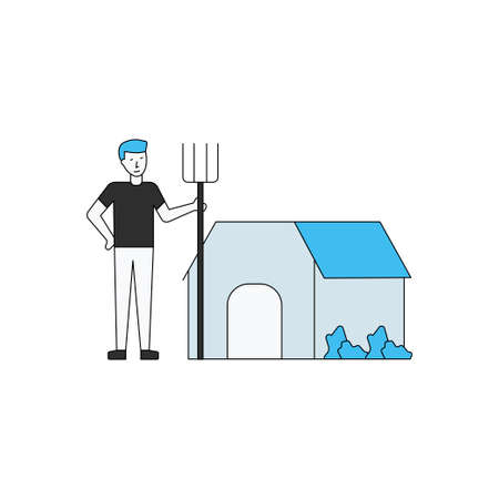 The boy is standing with a pitch fork near the farmhouse.のイラスト素材