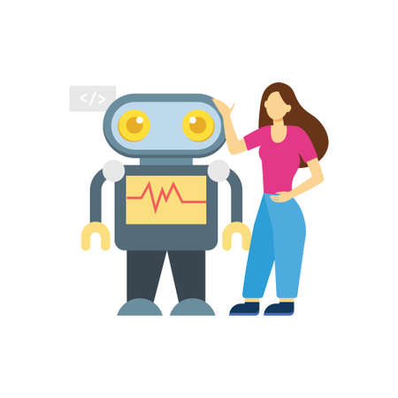 The girl is standing with the robot.のイラスト素材