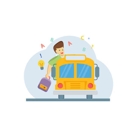 A boy with a school bag is going to school in the school bus.のイラスト素材