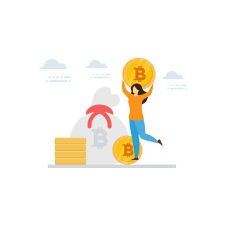 The girl is standing with a bitcoin in her hands.のイラスト素材