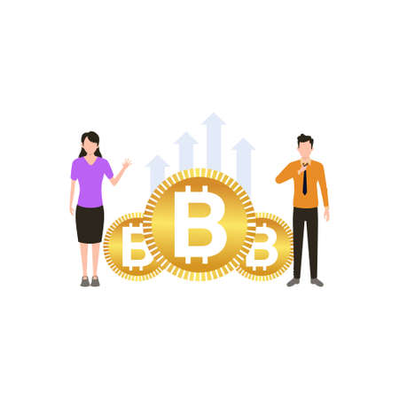Boy and girl stand with the development of bitcoin.のイラスト素材