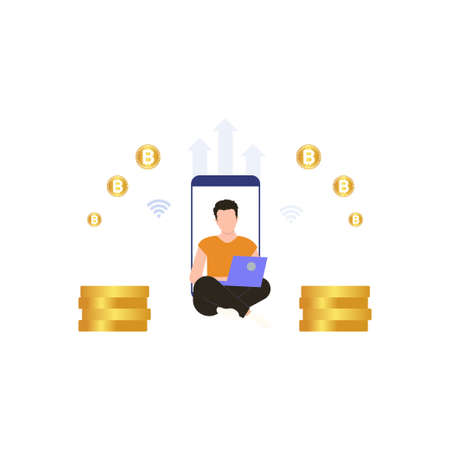 The boy is working on the bitcoin in his laptop.のイラスト素材