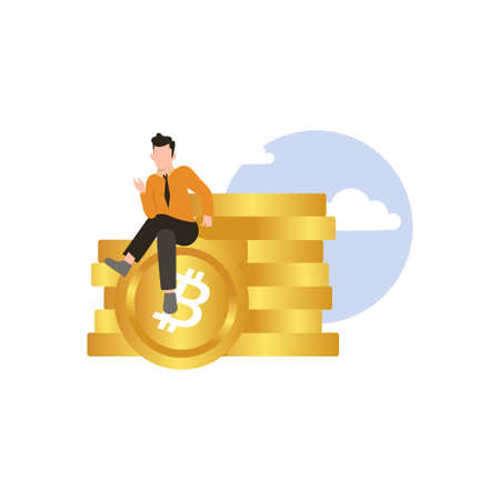 The boy sitting on the bitcoin is talking.のイラスト素材