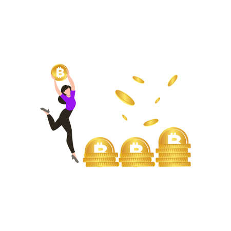 The girl is dancing with bitcoins.のイラスト素材