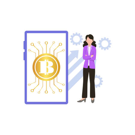 The girl is standing next to Bitcoin Computing on her mobile phone.のイラスト素材