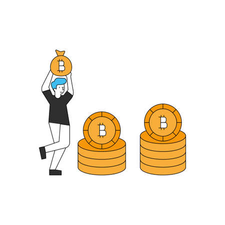 The boy stands with the bitcoins.のイラスト素材