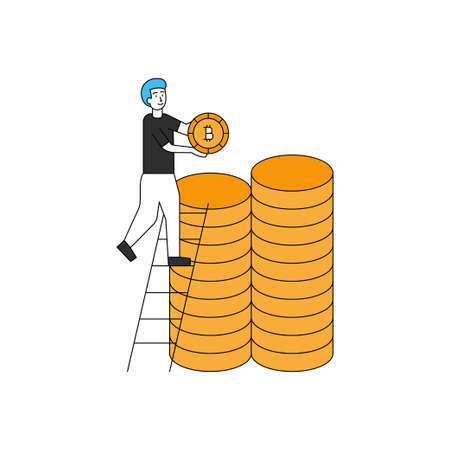 The boy keeping the bitcoins with the help of a ladder.のイラスト素材