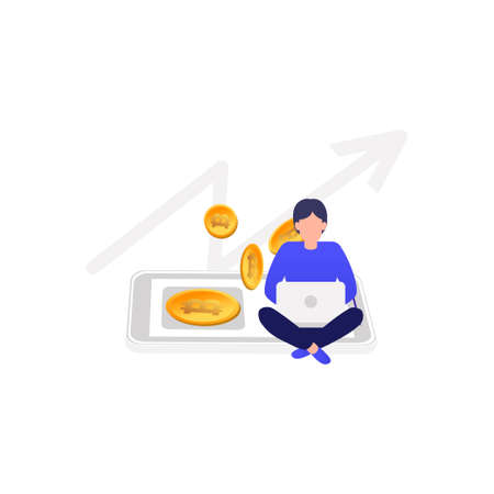 The boy is working on bitcoin in his laptop.のイラスト素材
