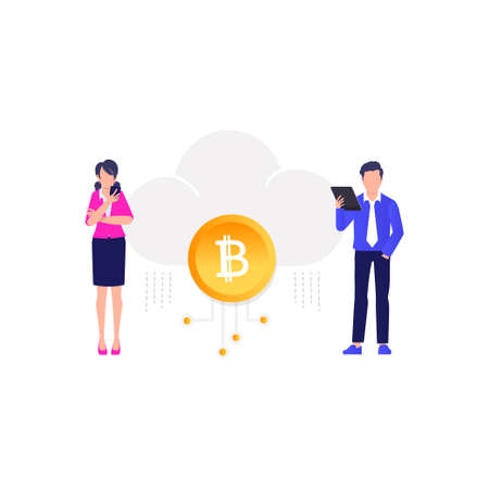 Girl and boy working on bitcoin cloud computing.