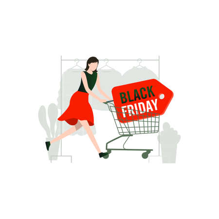 The girl is going to the Black Friday shopping sale.のイラスト素材