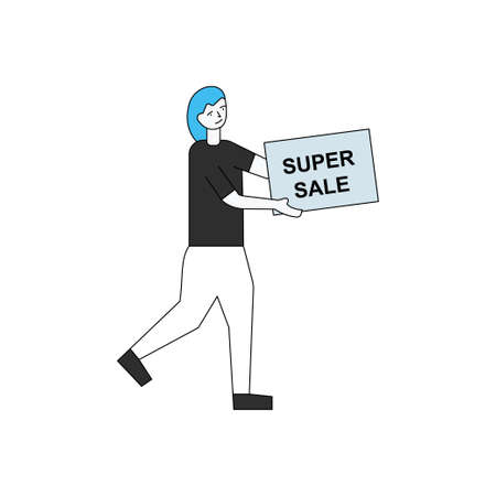 The girl is carrying a poster of Super Sale.のイラスト素材