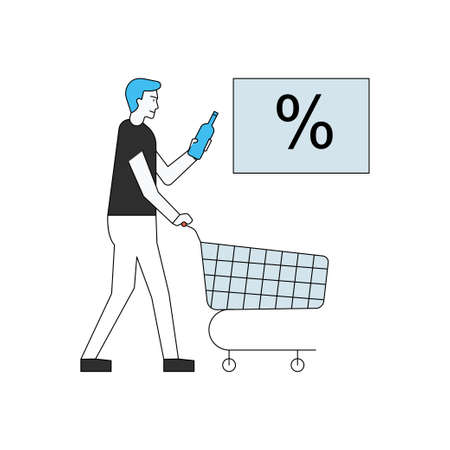 The boy buys a bottle with a discount.のイラスト素材