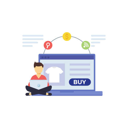 The boy is shopping online.のイラスト素材