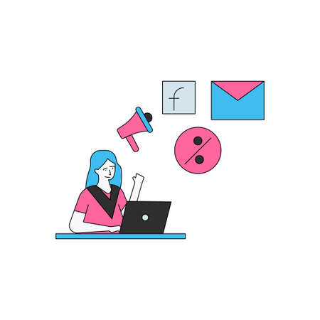 The girl is using social media on her laptop.のイラスト素材