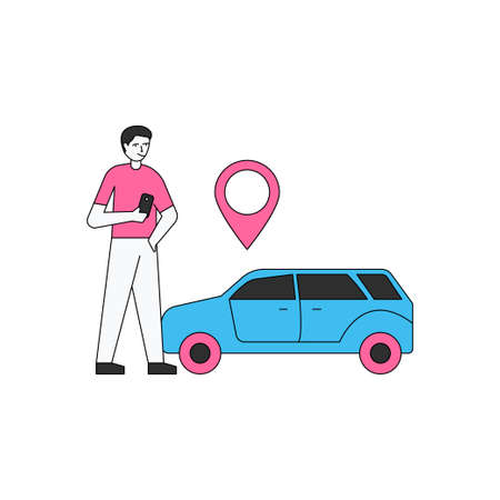 The boy is standing on the car location.のイラスト素材