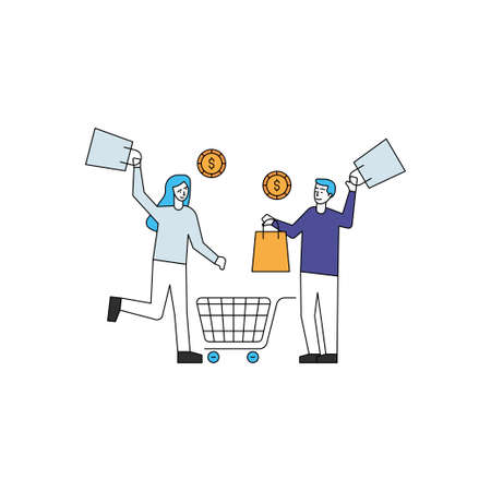 Boy and girl are shopping a lot.のイラスト素材