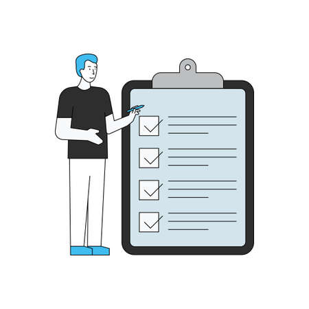 The boy is marking the checklist on the clipboard.のイラスト素材