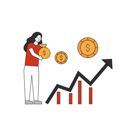 The girl holding the dollar bag stands near the development of the dollar graph.のイラスト素材