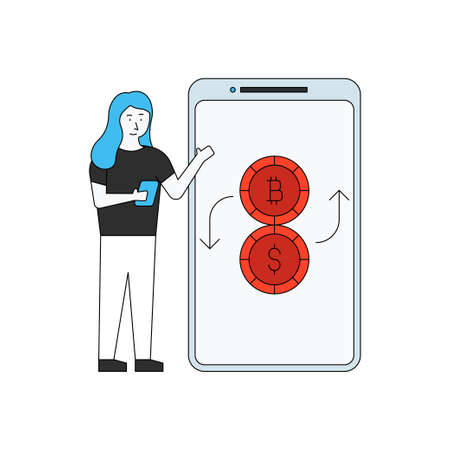 The girl converts dollars into bitcoins.のイラスト素材