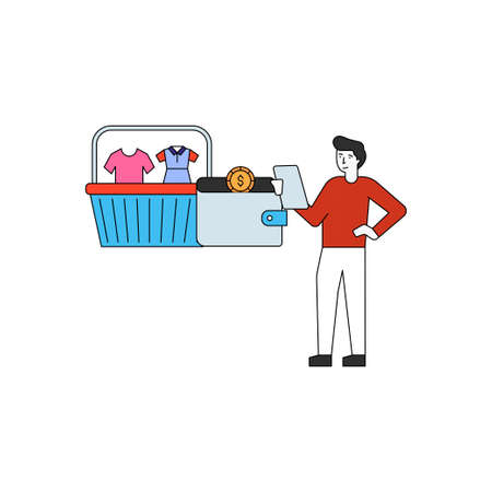 The boy is buying clothes.のイラスト素材