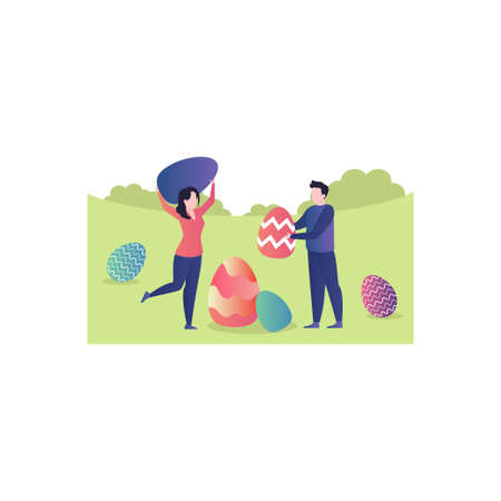 Girl and boy playing with Easter eggs.のイラスト素材