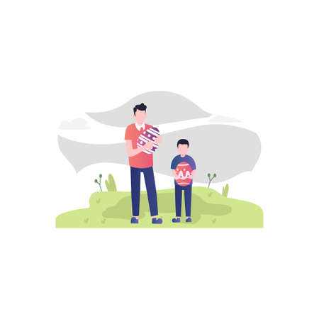 The boys are standing in the park with Easter eggs.のイラスト素材