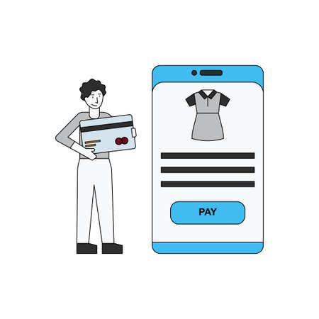 The boy is paying online.のイラスト素材