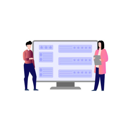Boy and girl are watching customer star ratings on the monitor.のイラスト素材