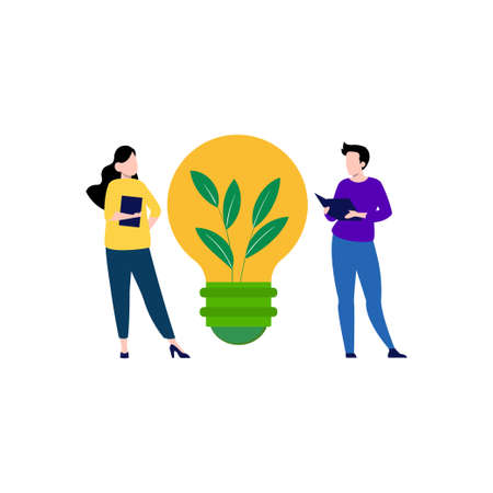 Boy and girl stand with green bulb.