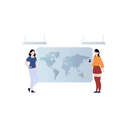 Girls looking at a world map.のイラスト素材