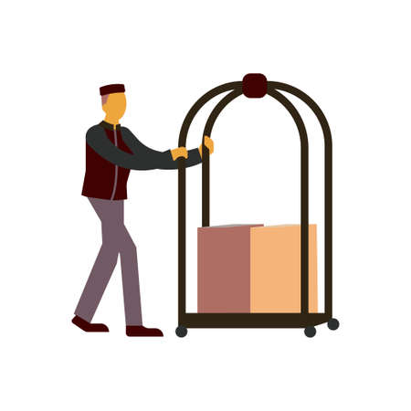 The waiter is loading the luggage into the trolley and taking it to the room.のイラスト素材