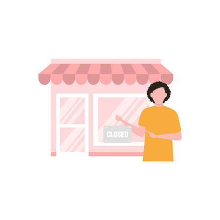 The boy is standing out the shop with a closed hang board.のイラスト素材