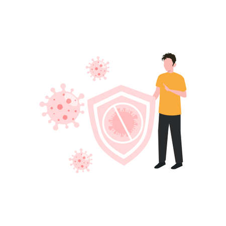 A boy is standing with germs protection shield.のイラスト素材