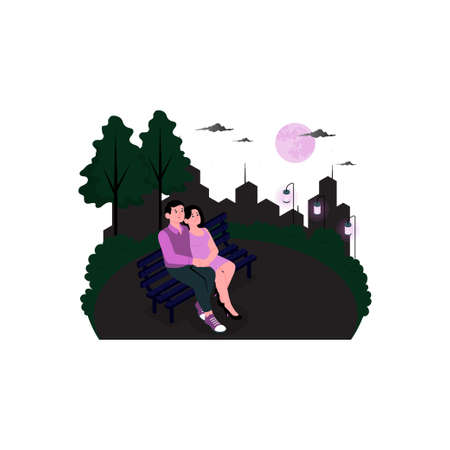 The couple is sitting on bench in a park to refresh their memories.のイラスト素材