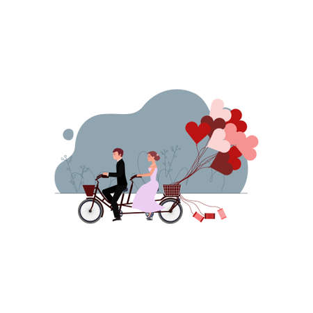 The groom and bride is taking a romantic ride on bicycle with heart balloons.のイラスト素材