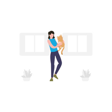 The girl is playing with her pet cat.のイラスト素材