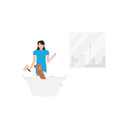 The girl is giving bath to her pet animal.のイラスト素材