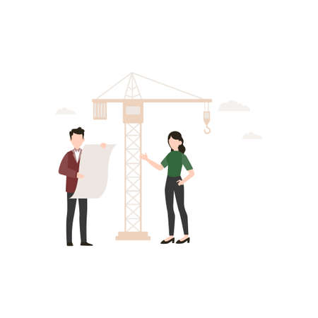 A girl and boy discussing about the architecture design of construction.のイラスト素材