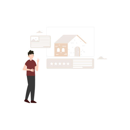 The boy standing and seeing the reviews of the house.のイラスト素材