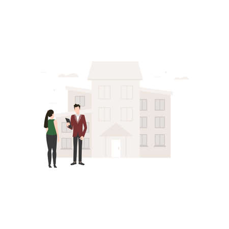 A boy standing in front of building and dealing with a girl.のイラスト素材